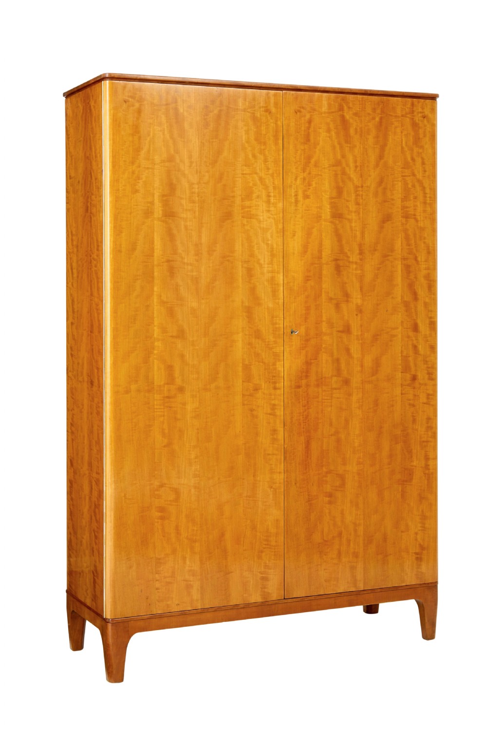A mid-century modern double-door wardrobe crafted from figured golden birch wood with short tapered legs.