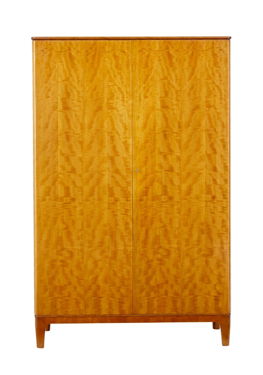 A mid-century modern double-door wardrobe crafted from figured golden birch wood with short tapered legs. View II