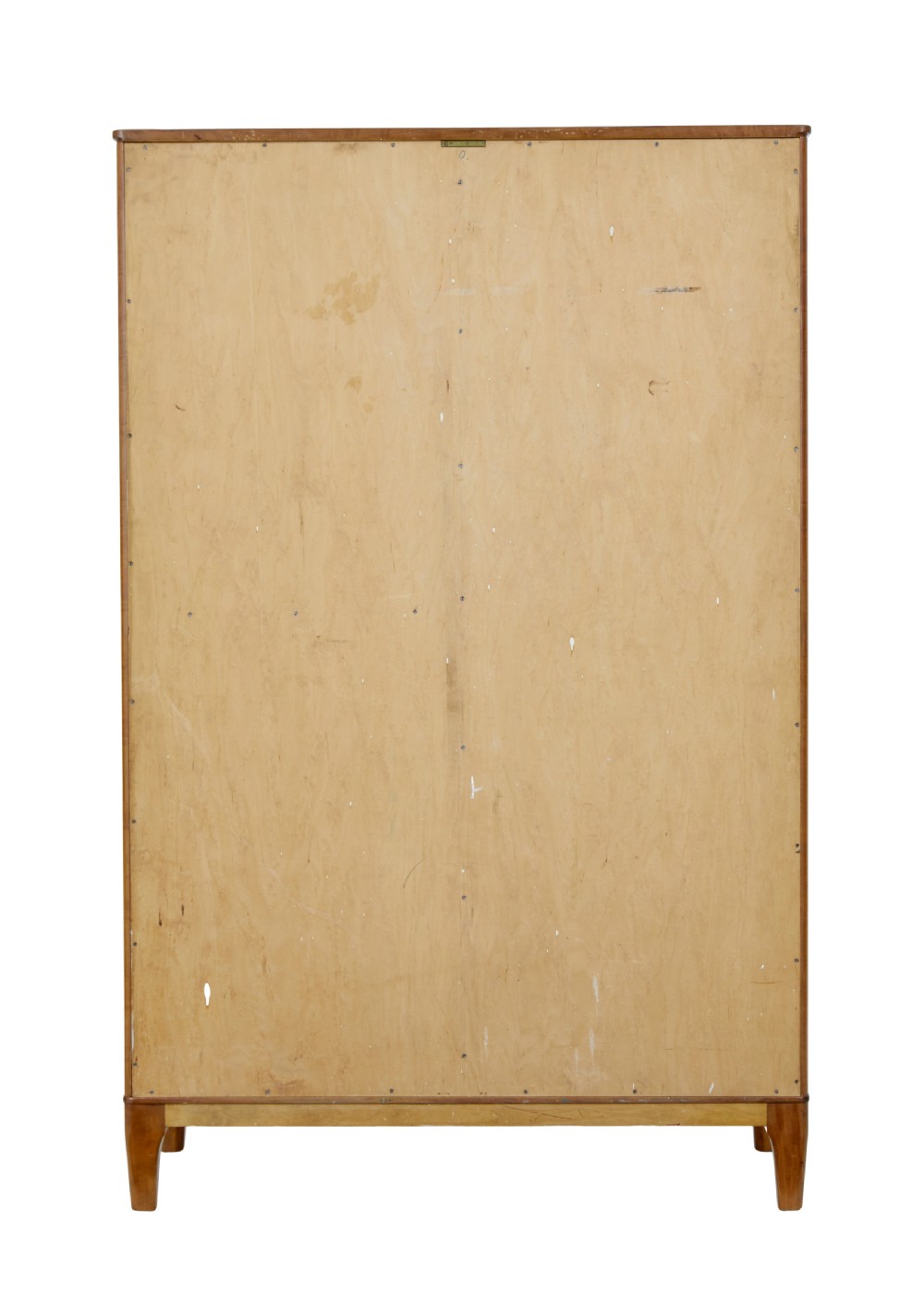 A mid-century modern double-door wardrobe crafted from figured golden birch wood with short tapered legs. View V