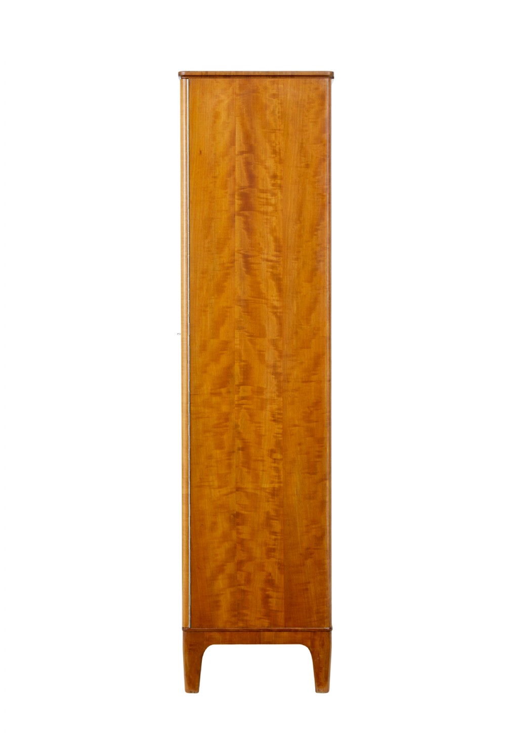 A mid-century modern double-door wardrobe crafted from figured golden birch wood with short tapered legs. View VI