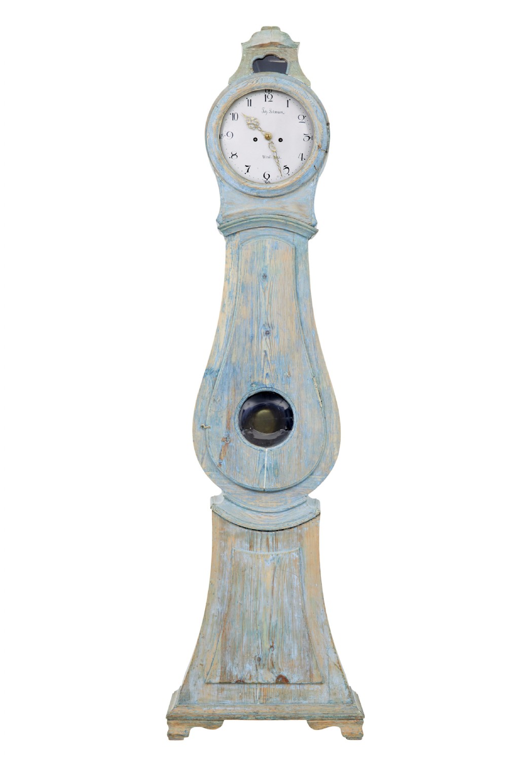 A mid-19th century Swedish Mora longcase clock crafted from pine with a distressed pale blue painted finish and a white circular dial.