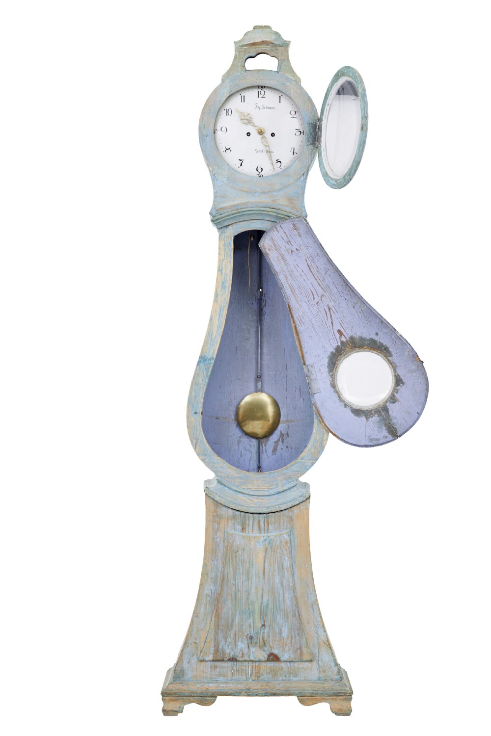 A mid-19th century Swedish Mora longcase clock crafted from pine with a distressed pale blue painted finish and a white circular dial. View II
