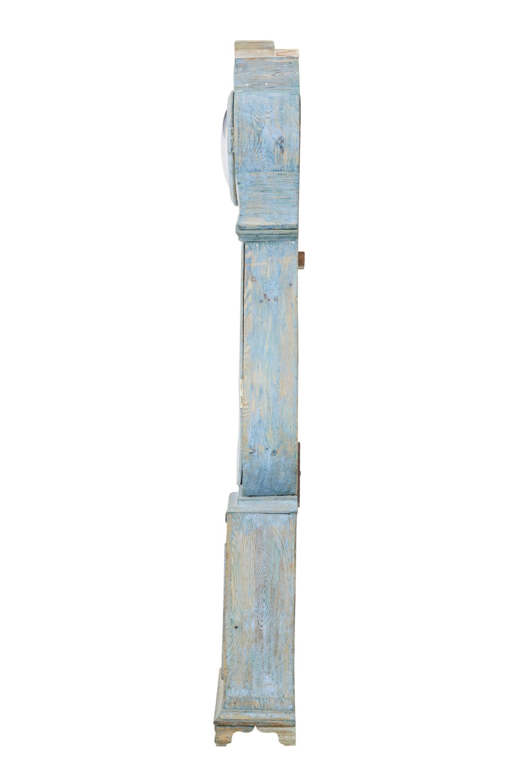 A mid-19th century Swedish Mora longcase clock crafted from pine with a distressed pale blue painted finish and a white circular dial. View III