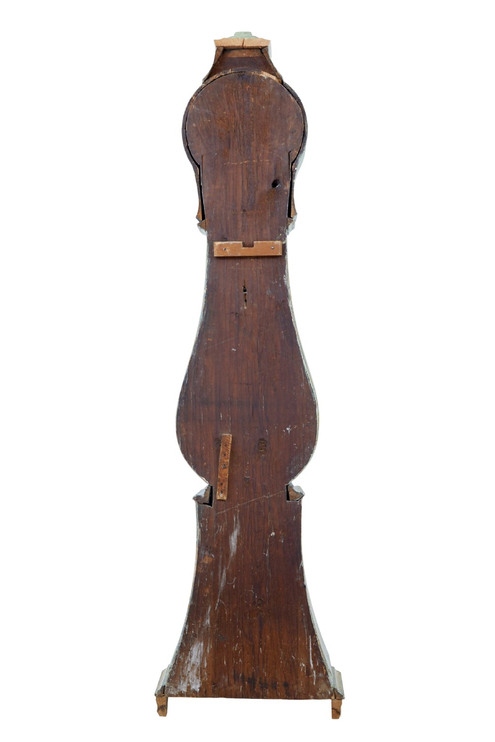 A mid-19th century Swedish Mora longcase clock crafted from pine with a distressed pale blue painted finish and a white circular dial. View IV