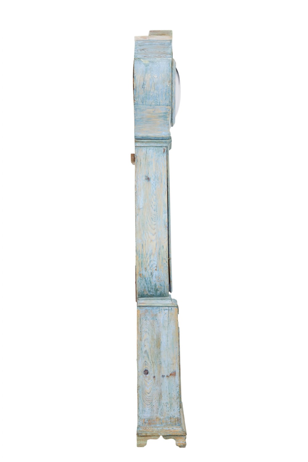 A mid-19th century Swedish Mora longcase clock crafted from pine with a distressed pale blue painted finish and a white circular dial. View V
