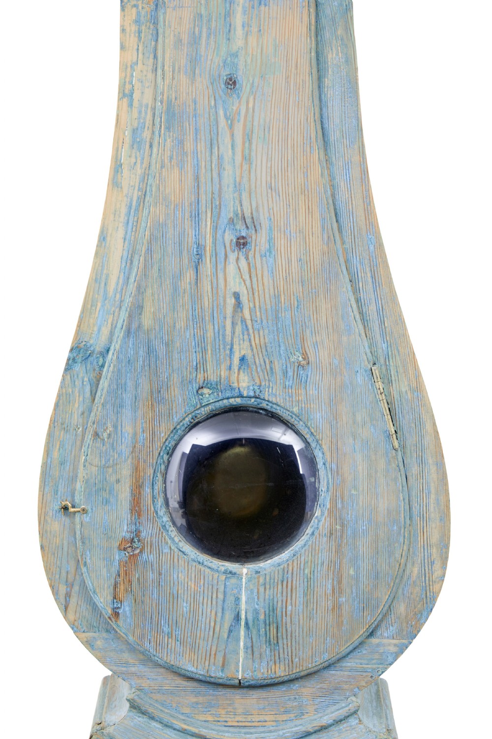 A mid-19th century Swedish Mora longcase clock crafted from pine with a distressed pale blue painted finish and a white circular dial. View VI