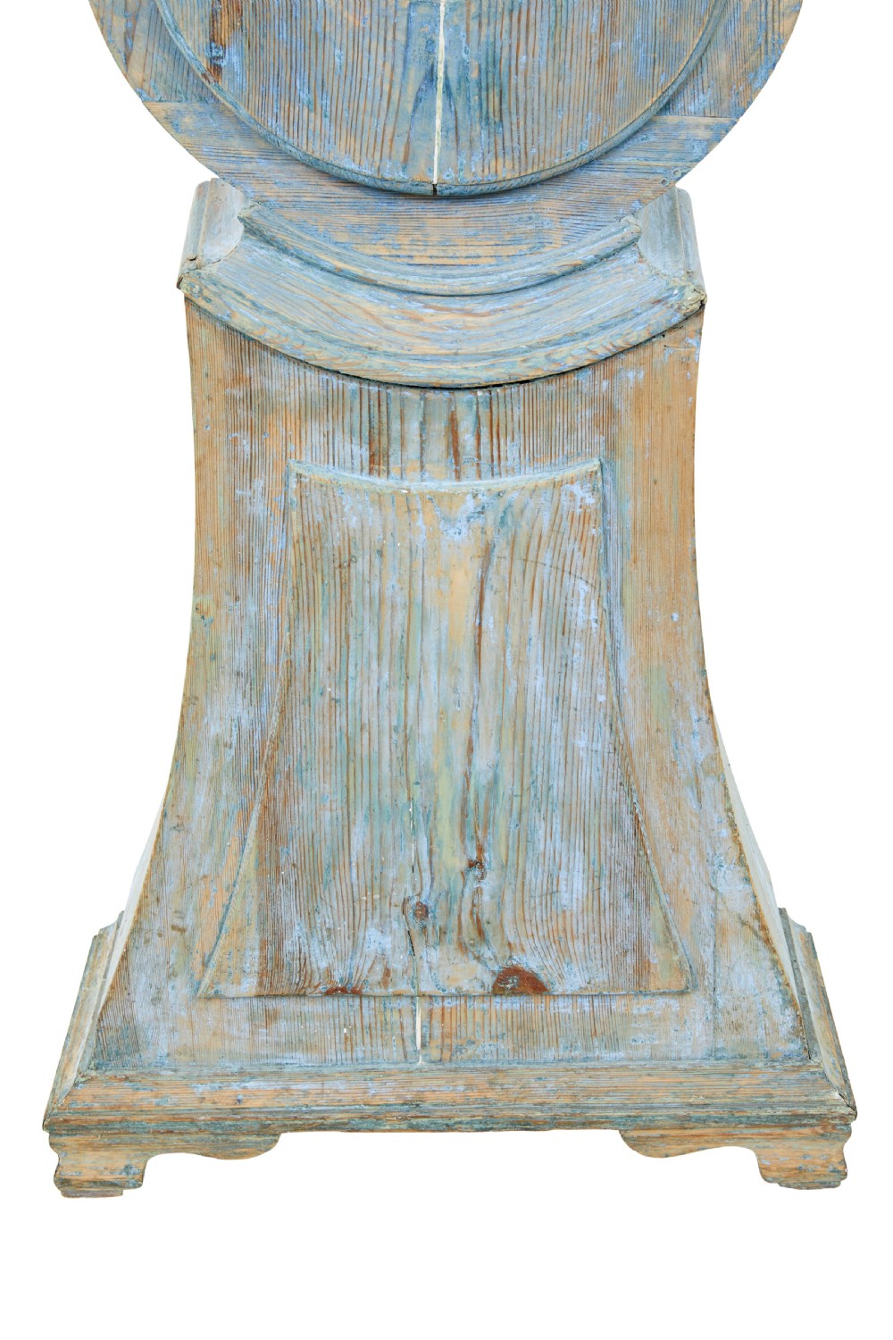 A mid-19th century Swedish Mora longcase clock crafted from pine with a distressed pale blue painted finish and a white circular dial. View VII