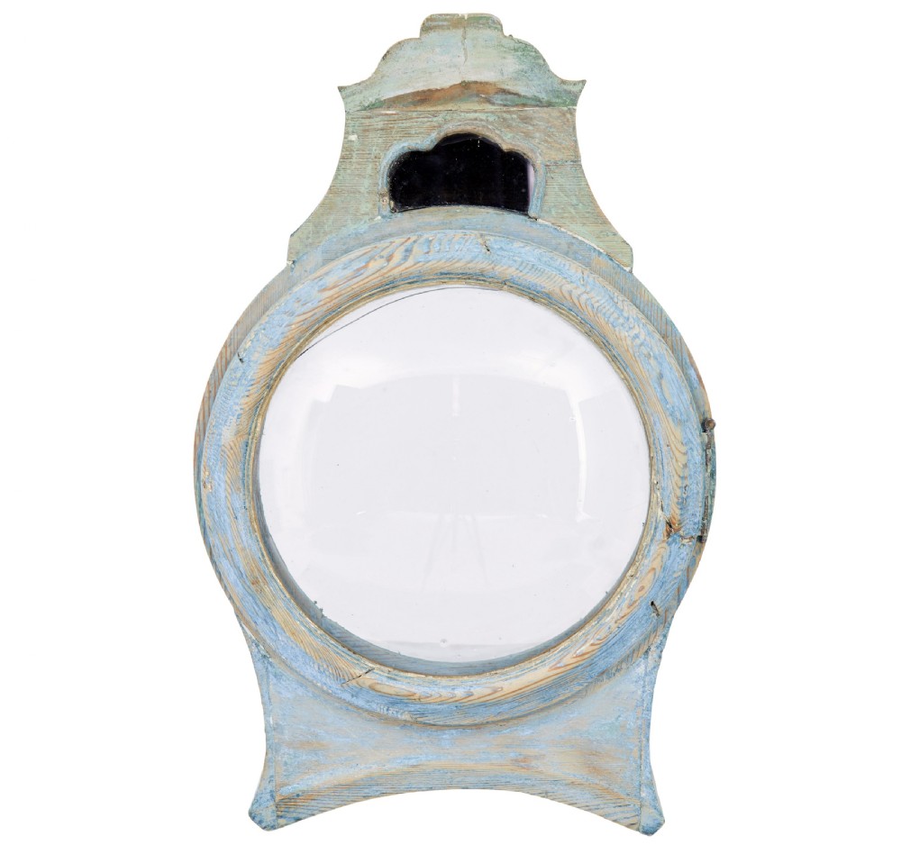 A mid-19th century Swedish Mora longcase clock crafted from pine with a distressed pale blue painted finish and a white circular dial. View VIII