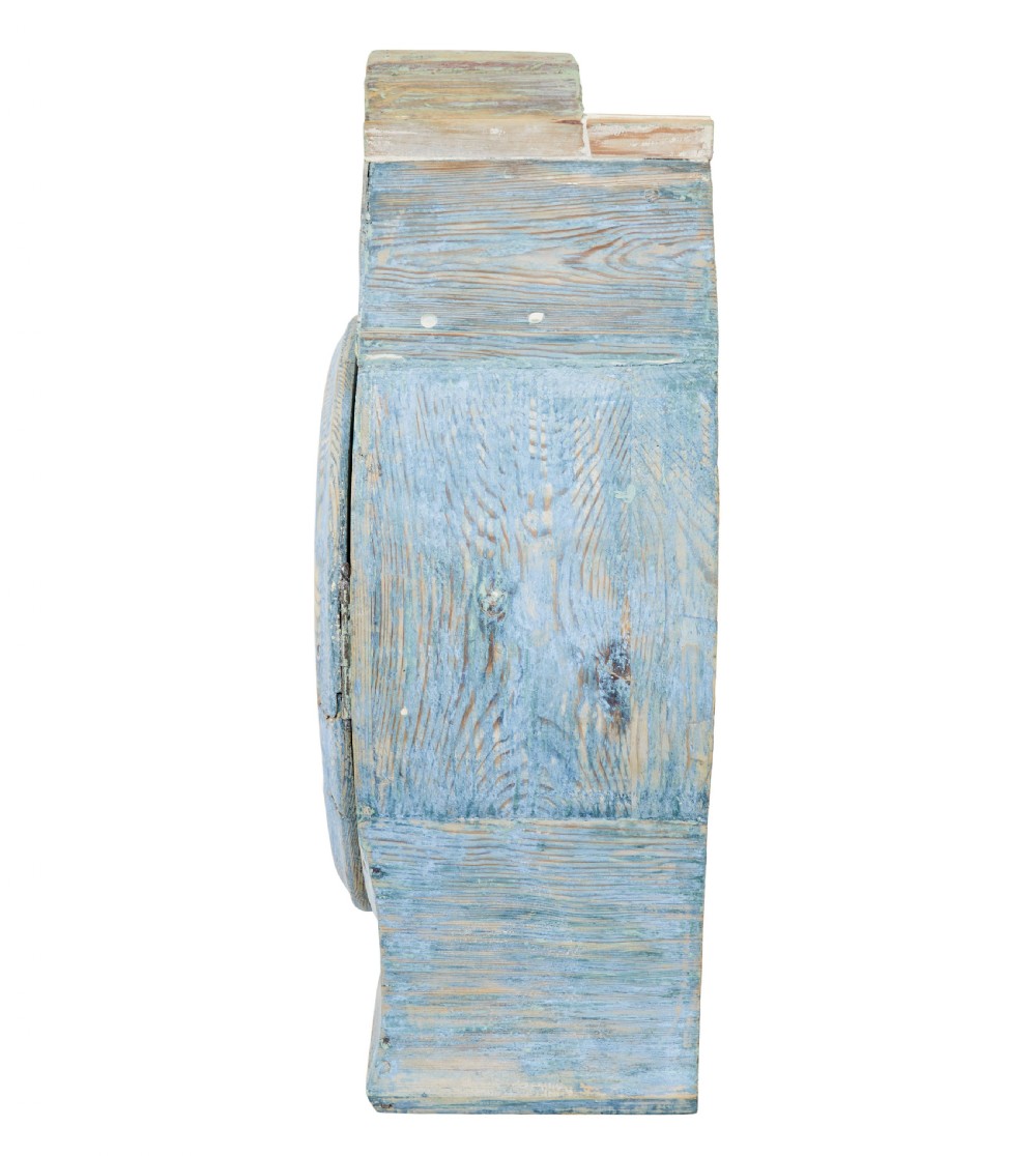 A mid-19th century Swedish Mora longcase clock crafted from pine with a distressed pale blue painted finish and a white circular dial. View IX