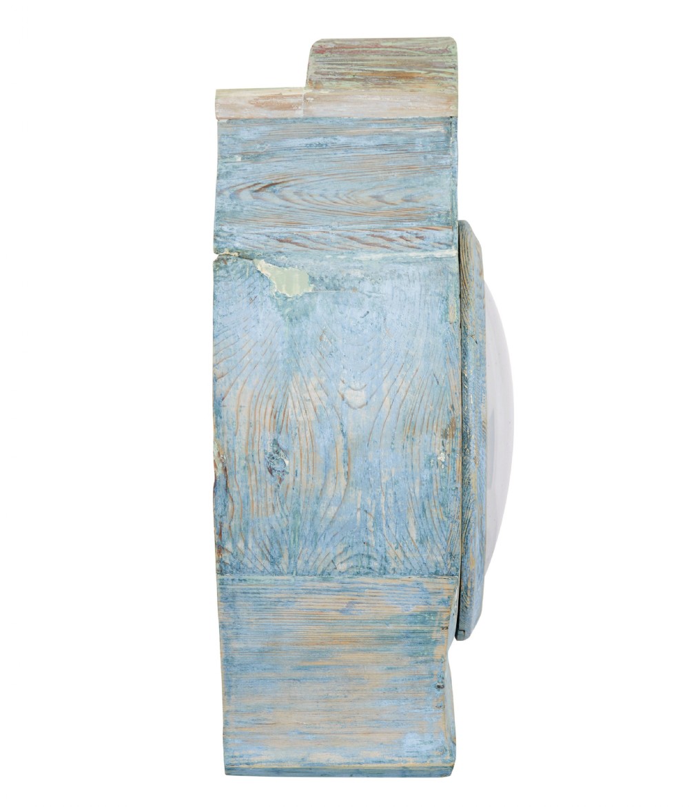 A mid-19th century Swedish Mora longcase clock crafted from pine with a distressed pale blue painted finish and a white circular dial. View X