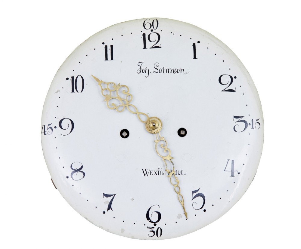 A mid-19th century Swedish Mora longcase clock crafted from pine with a distressed pale blue painted finish and a white circular dial. View XII