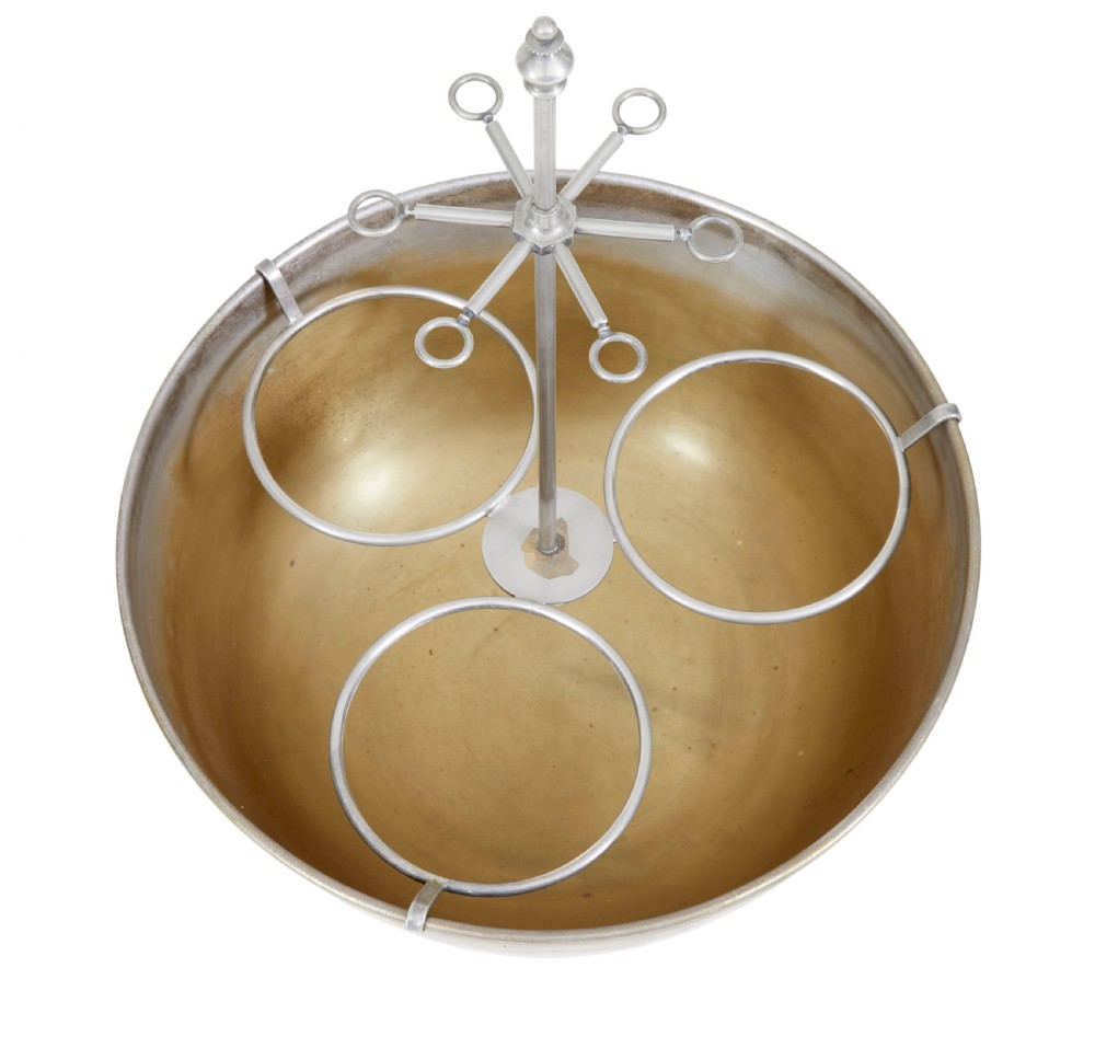 An early 20th-century Scandinavian metal and glass caviar ice server set featuring a central bowl, three lidded glass jars, and suspended spoons. View V