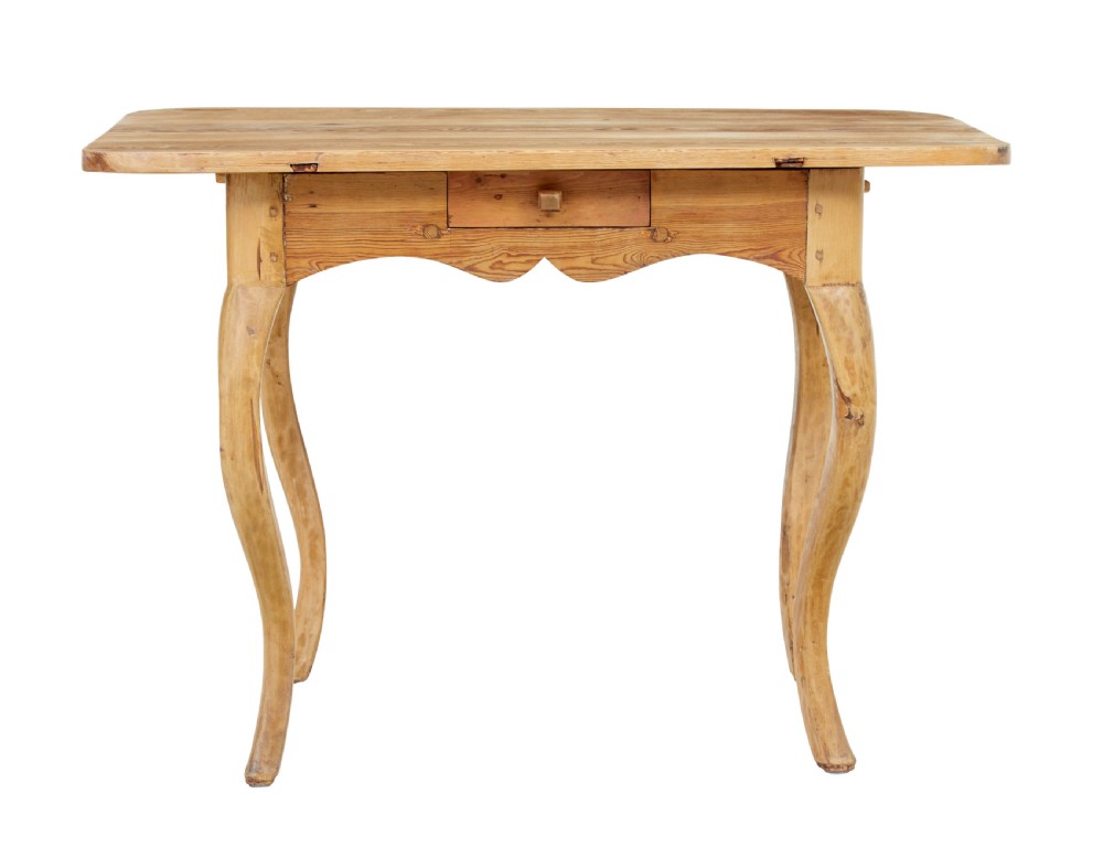 A 19th-century Swedish Rococo Revival side table made of natural scrubbed pine featuring cabriole legs and a single small drawer. View II