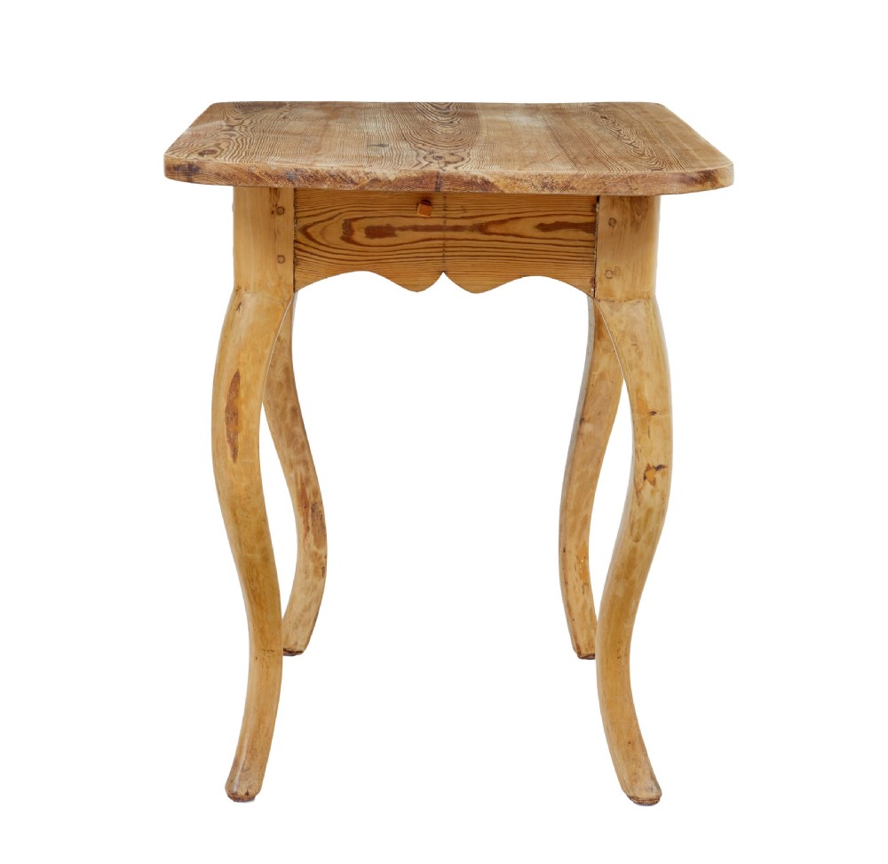 A 19th-century Swedish Rococo Revival side table made of natural scrubbed pine featuring cabriole legs and a single small drawer. View III