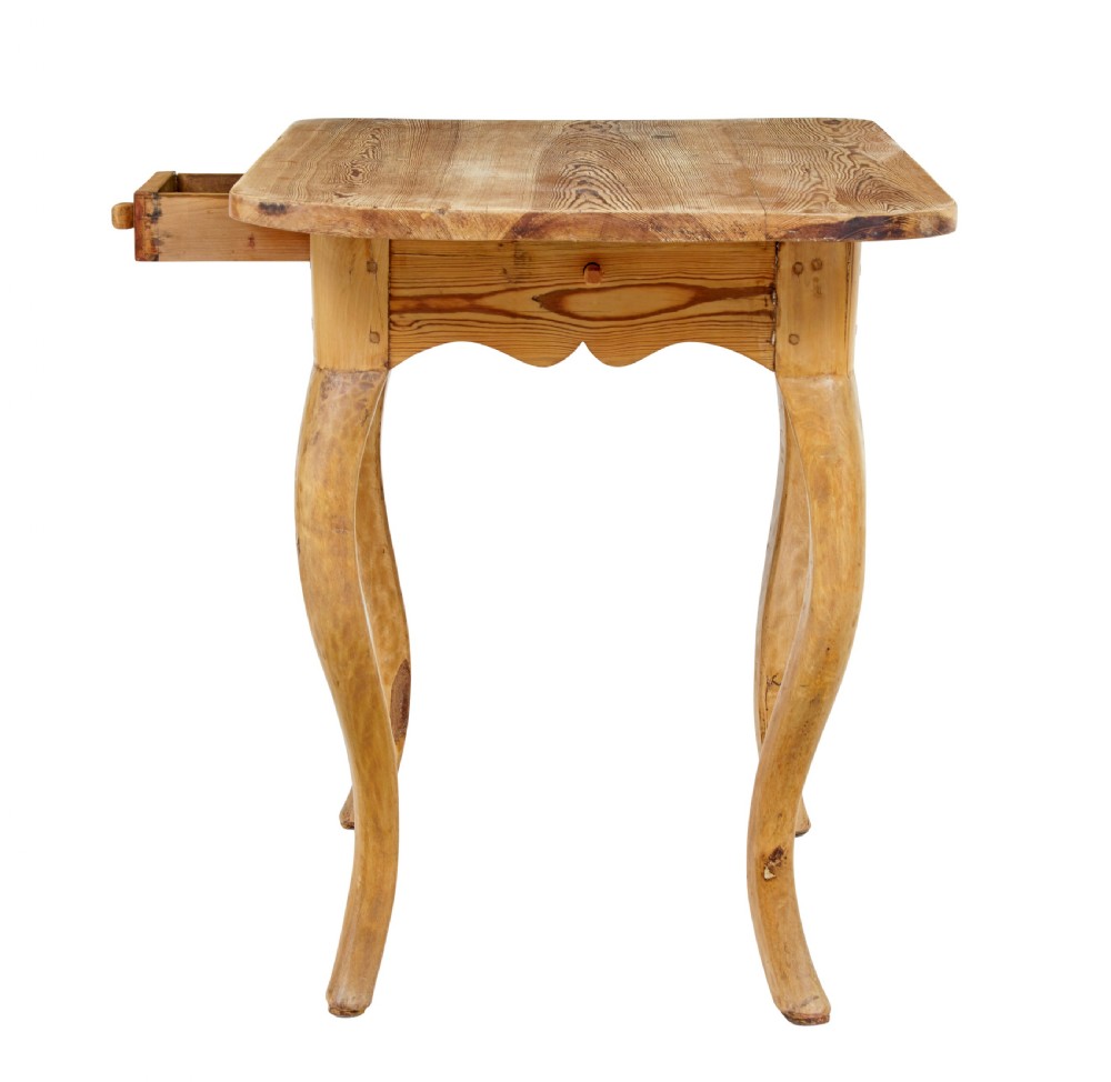 A 19th-century Swedish Rococo Revival side table made of natural scrubbed pine featuring cabriole legs and a single small drawer. View IV