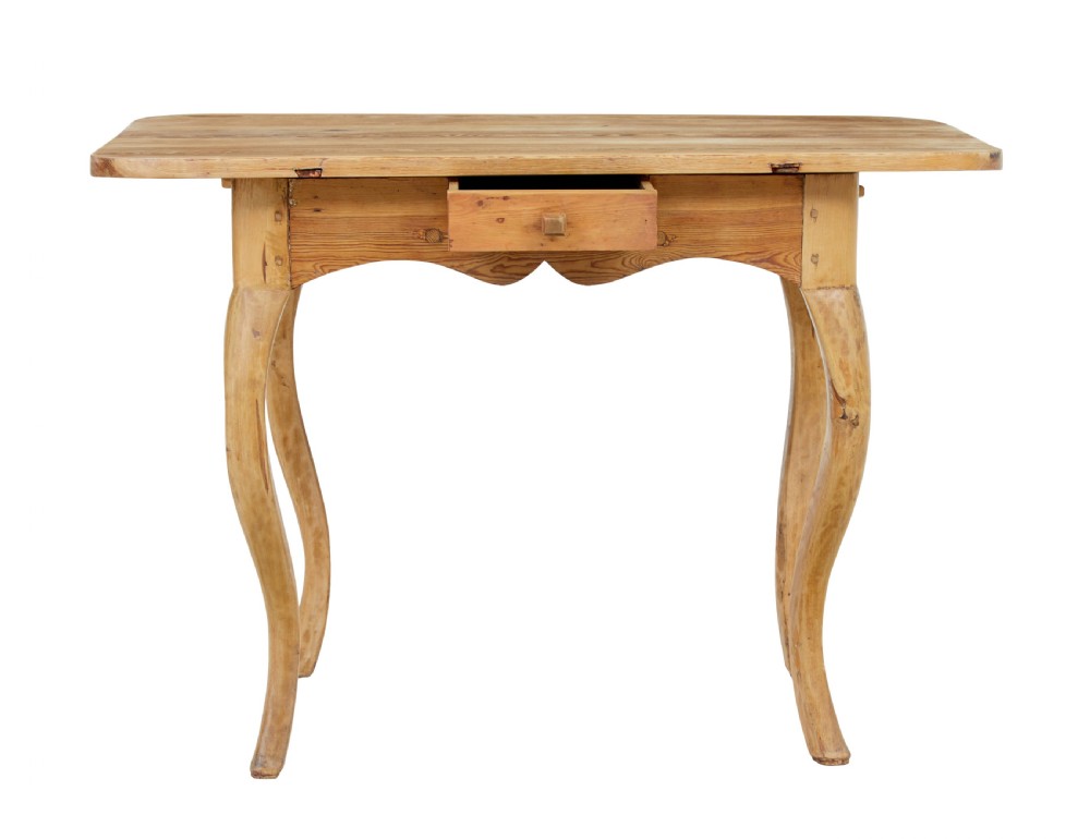 A 19th-century Swedish Rococo Revival side table made of natural scrubbed pine featuring cabriole legs and a single small drawer. View VII