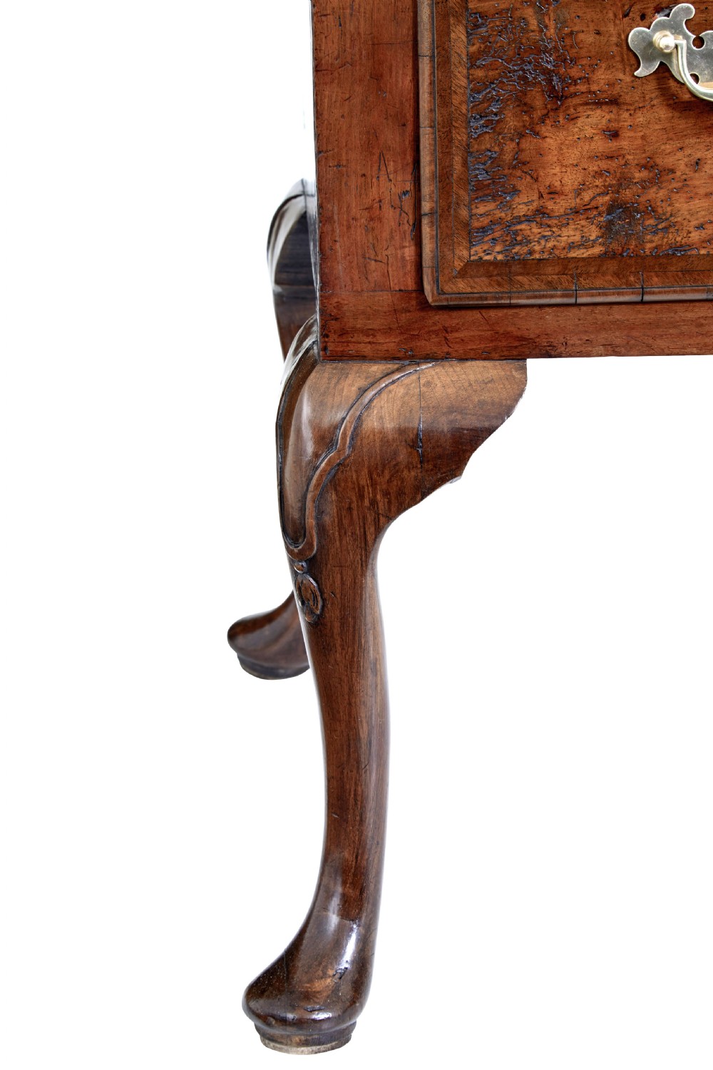 A late 17th-century William and Mary walnut chest on stand featuring five upper drawers, a single base drawer, decorative brass backplate handles, and cabriole legs. View IX