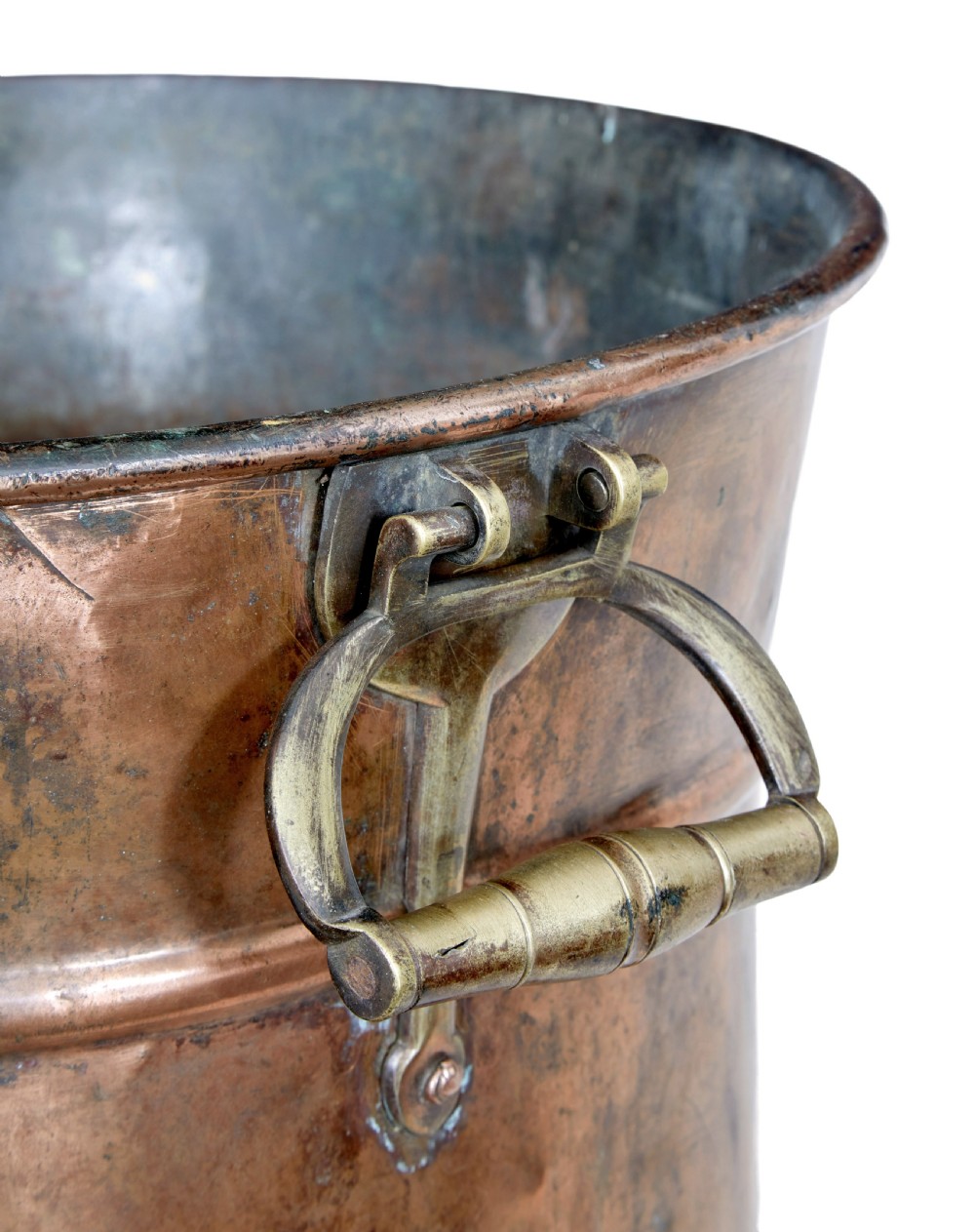 A cylindrical 19th-century copper vessel with horizontal ribbed banding and cast brass side handles. View VII