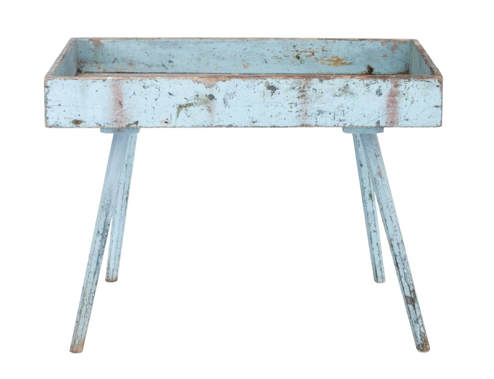 A 19th-century rustic pine tray table with a deep rectangular gallery top and four splayed legs in a distressed light blue painted finish. View IV