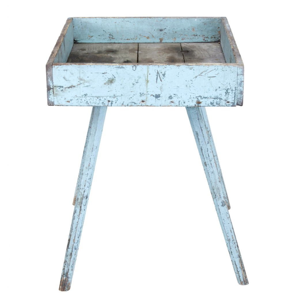 A 19th-century rustic pine tray table with a deep rectangular gallery top and four splayed legs in a distressed light blue painted finish. View V