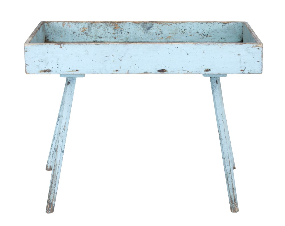 A 19th-century rustic pine tray table with a deep rectangular gallery top and four splayed legs in a distressed light blue painted finish. View VI