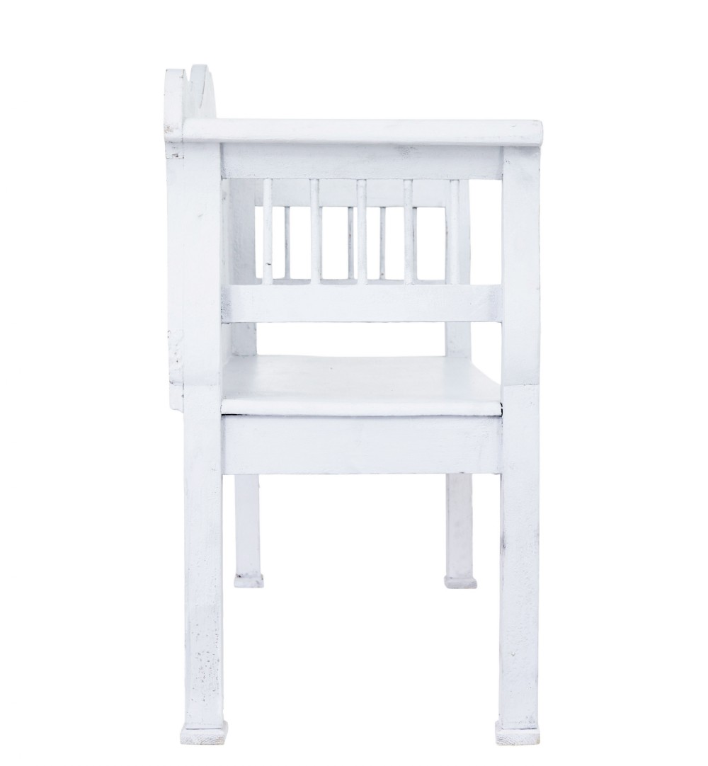 A white painted nineteenth-century Swedish Gustavian style wooden bench featuring a shaped crest rail, panelled back, and slatted side armrests. View III