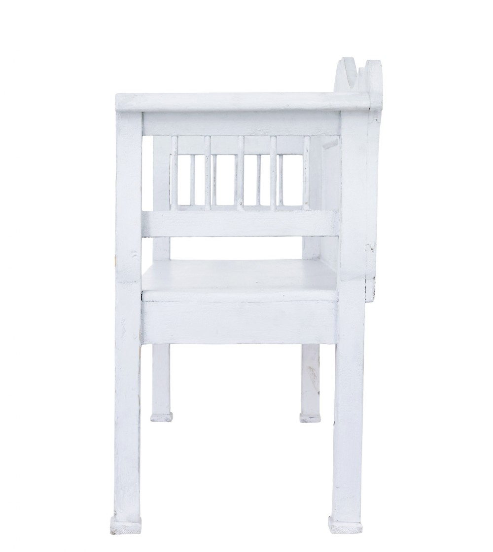 A white painted nineteenth-century Swedish Gustavian style wooden bench featuring a shaped crest rail, panelled back, and slatted side armrests. View IV