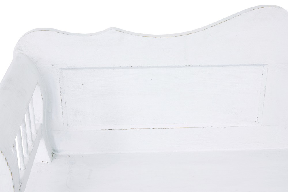 A white painted nineteenth-century Swedish Gustavian style wooden bench featuring a shaped crest rail, panelled back, and slatted side armrests. View VII