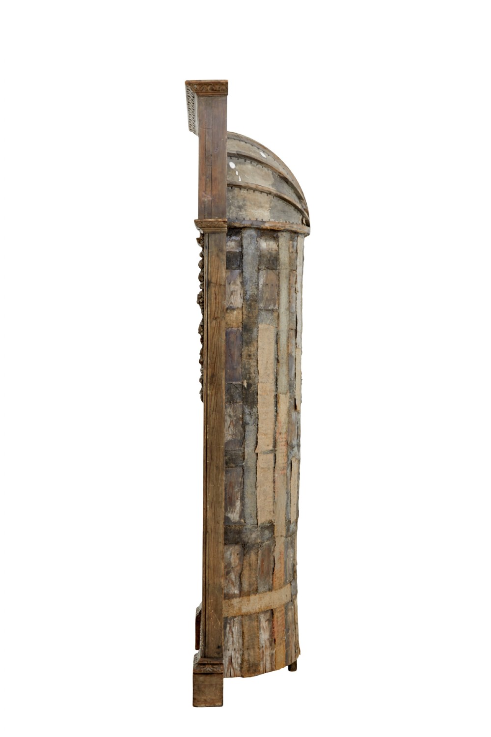 An 18th-century carved pine corner cabinet featuring a vaulted dome top with a shell carving, floral pilasters, open shelves, and a double-door base. View III
