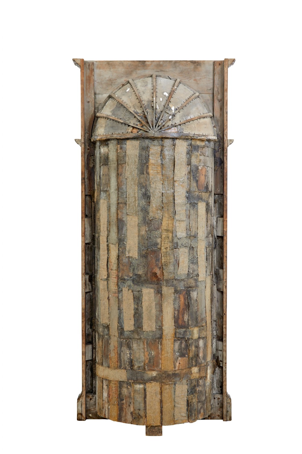 An 18th-century carved pine corner cabinet featuring a vaulted dome top with a shell carving, floral pilasters, open shelves, and a double-door base. View IV