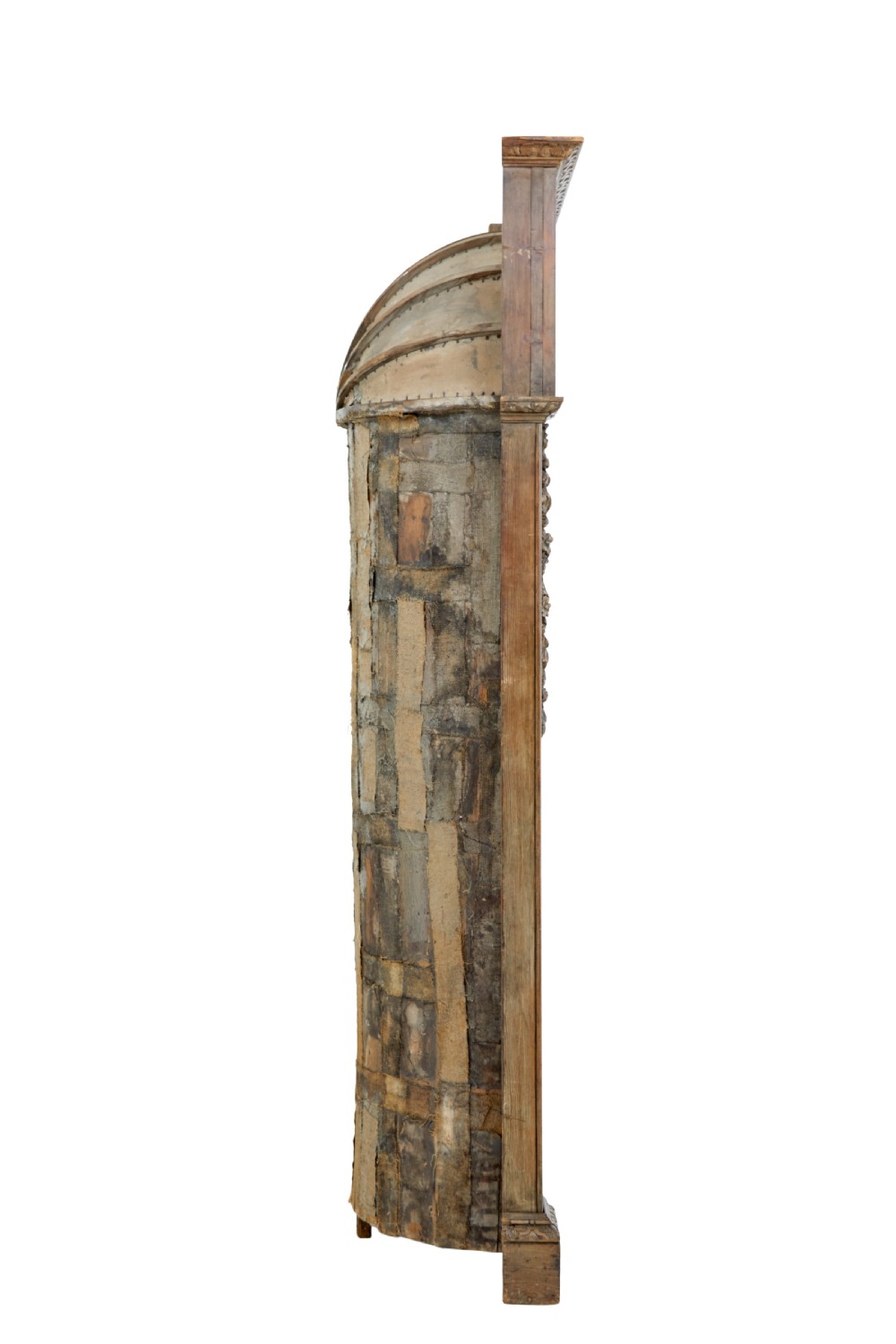 An 18th-century carved pine corner cabinet featuring a vaulted dome top with a shell carving, floral pilasters, open shelves, and a double-door base. View V