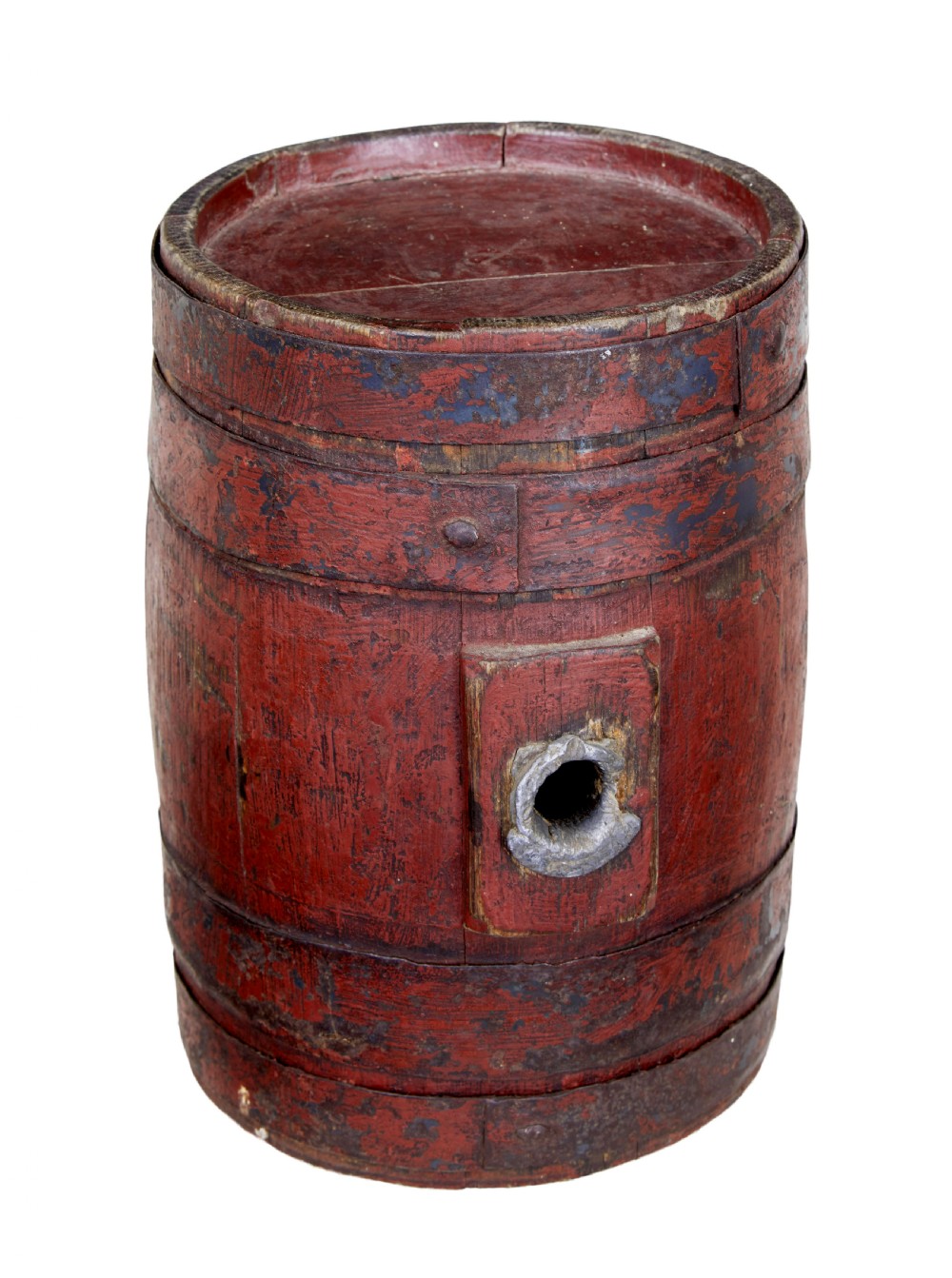 A 19th-century Scandinavian oak barrel featuring distressed red painted staves, dark metal hoops, and a lead-lined side bung hole.