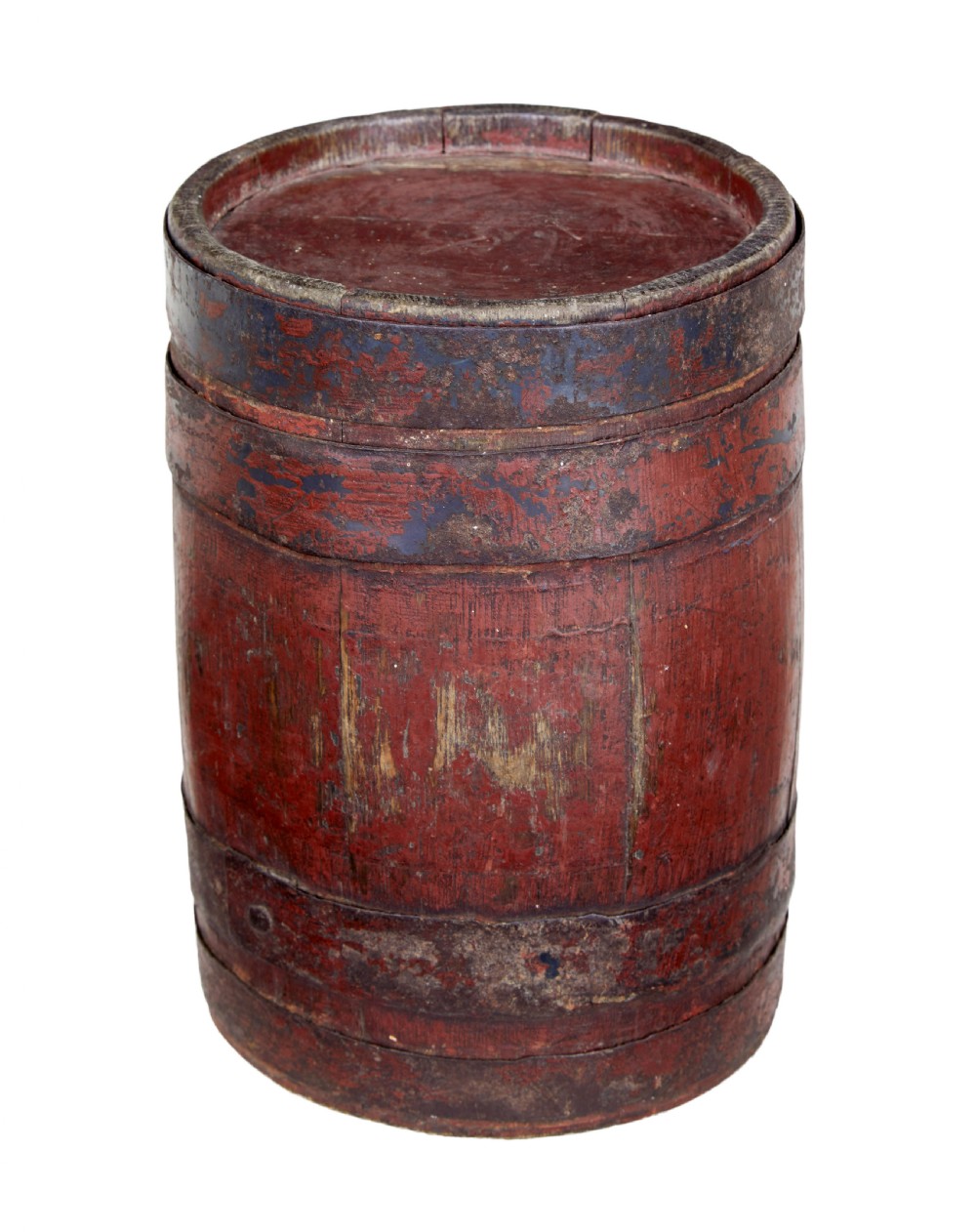 A 19th-century Scandinavian oak barrel featuring distressed red painted staves, dark metal hoops, and a lead-lined side bung hole. View IV