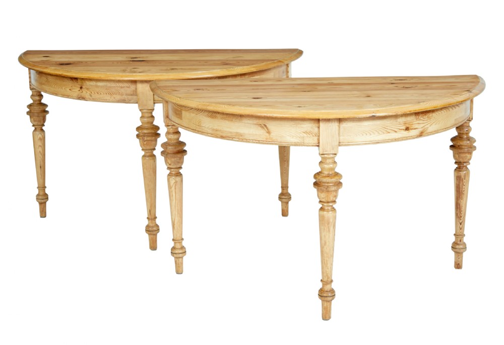 A pair of 19th-century Swedish pine demi-lune tables with turned legs placed together to form a circular top. View V