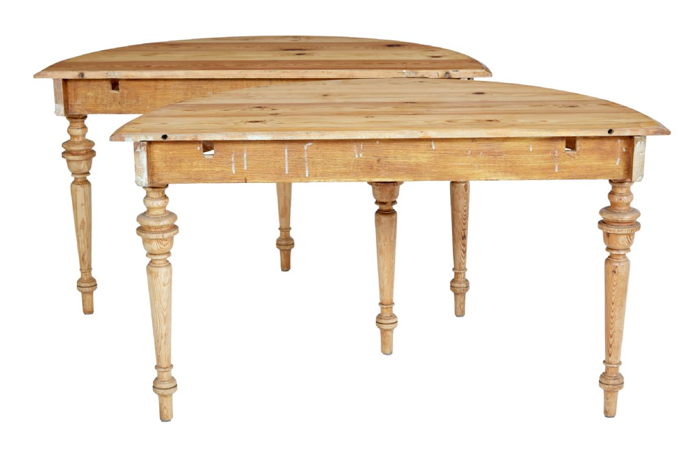 A pair of 19th-century Swedish pine demi-lune tables with turned legs placed together to form a circular top. View VII