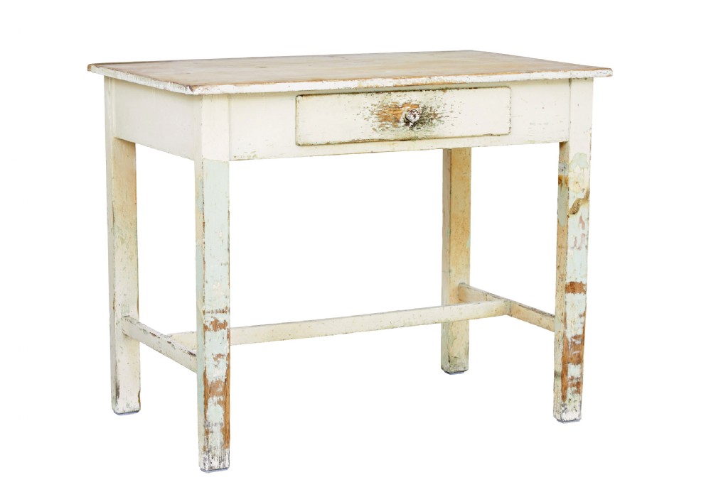 A 19th-century pine side table featuring a distressed off-white painted finish, a single frieze drawer with a wooden knob, and straight square legs supported by lower stretchers.