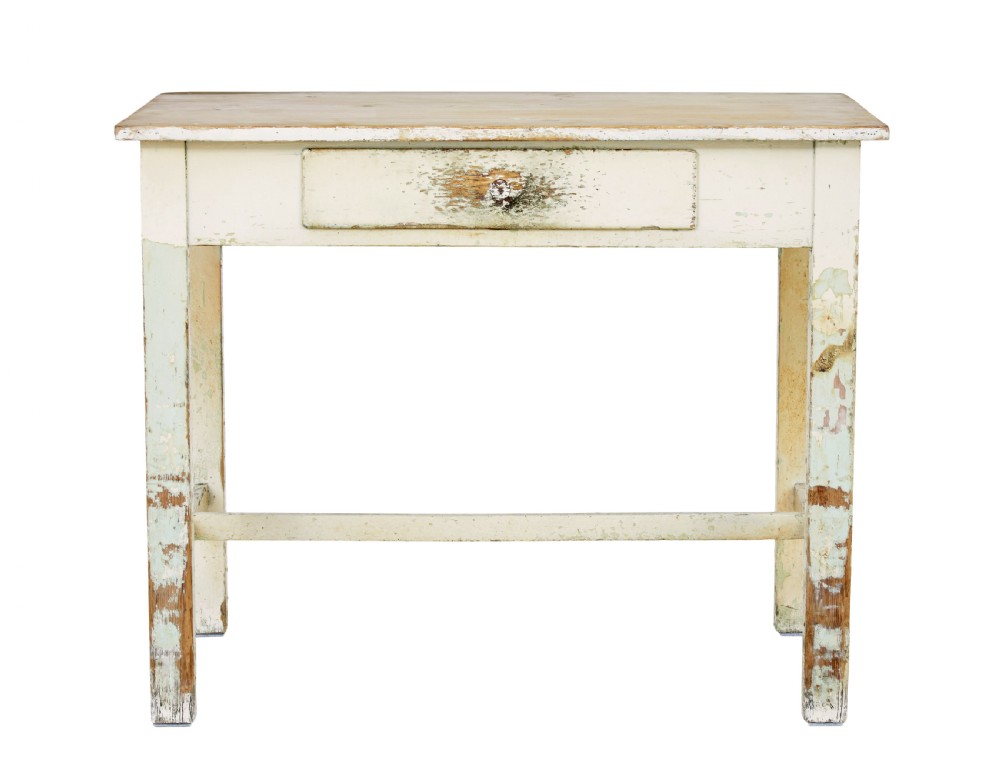 A 19th-century pine side table featuring a distressed off-white painted finish, a single frieze drawer with a wooden knob, and straight square legs supported by lower stretchers. View II
