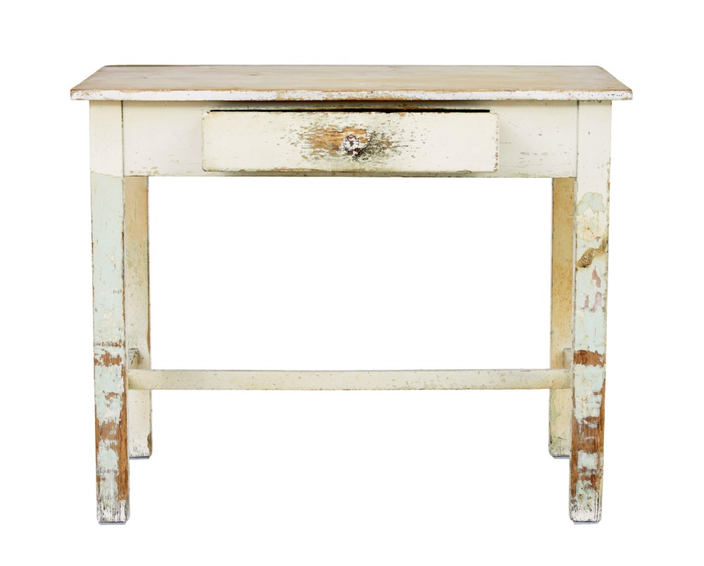 A 19th-century pine side table featuring a distressed off-white painted finish, a single frieze drawer with a wooden knob, and straight square legs supported by lower stretchers. View III