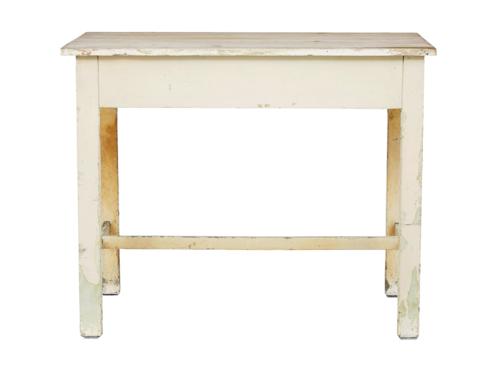 A 19th-century pine side table featuring a distressed off-white painted finish, a single frieze drawer with a wooden knob, and straight square legs supported by lower stretchers. View V