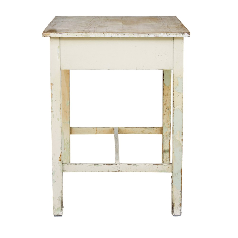 A 19th-century pine side table featuring a distressed off-white painted finish, a single frieze drawer with a wooden knob, and straight square legs supported by lower stretchers. View VI