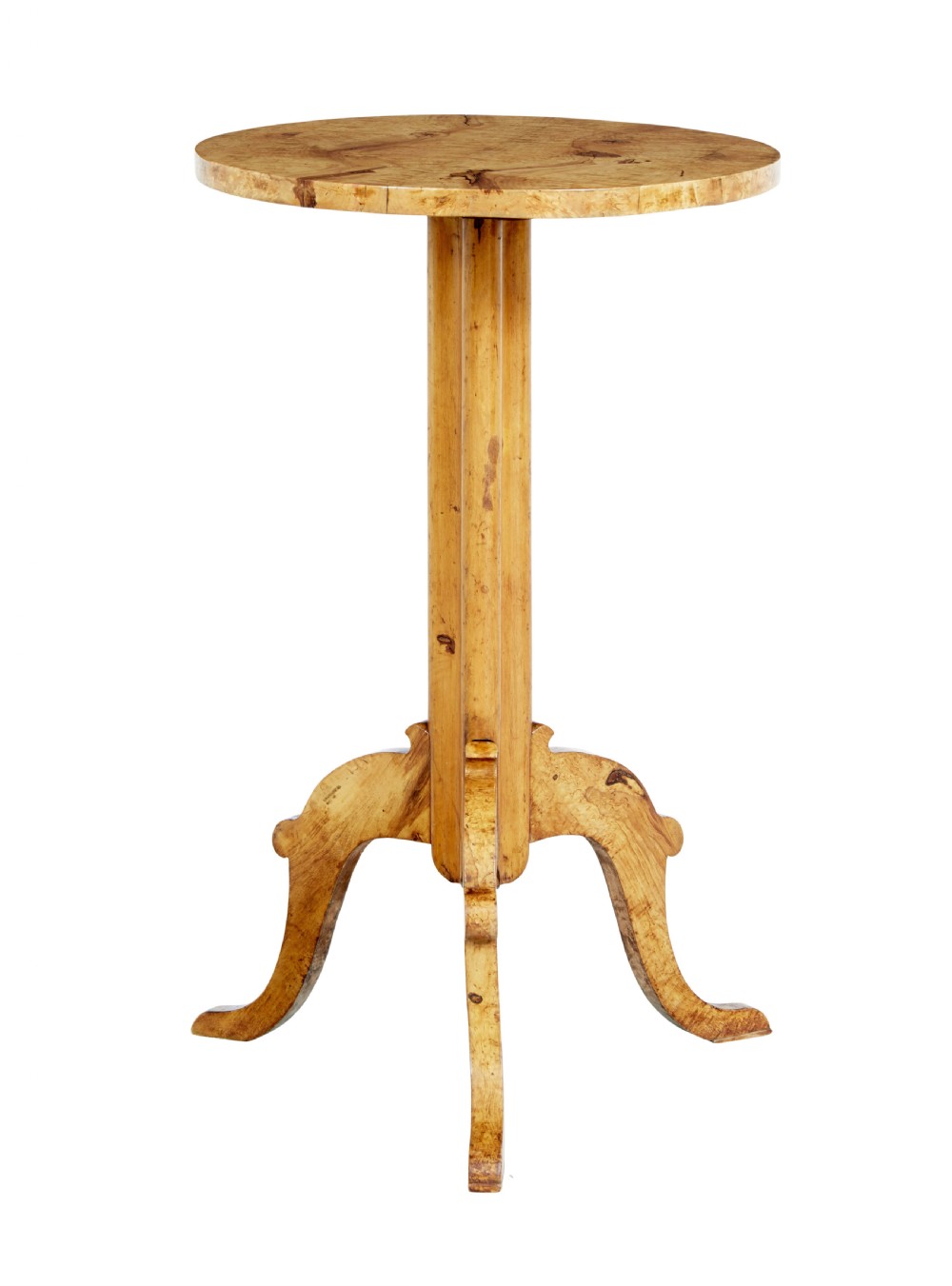 A mid-19th century occasional table featuring a circular top in figured birch root wood set upon a central column and three curved tripod legs.