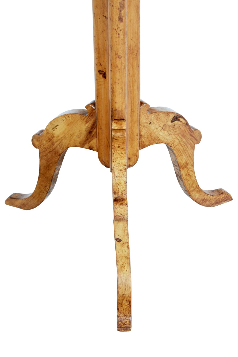 A mid-19th century occasional table featuring a circular top in figured birch root wood set upon a central column and three curved tripod legs. View IV