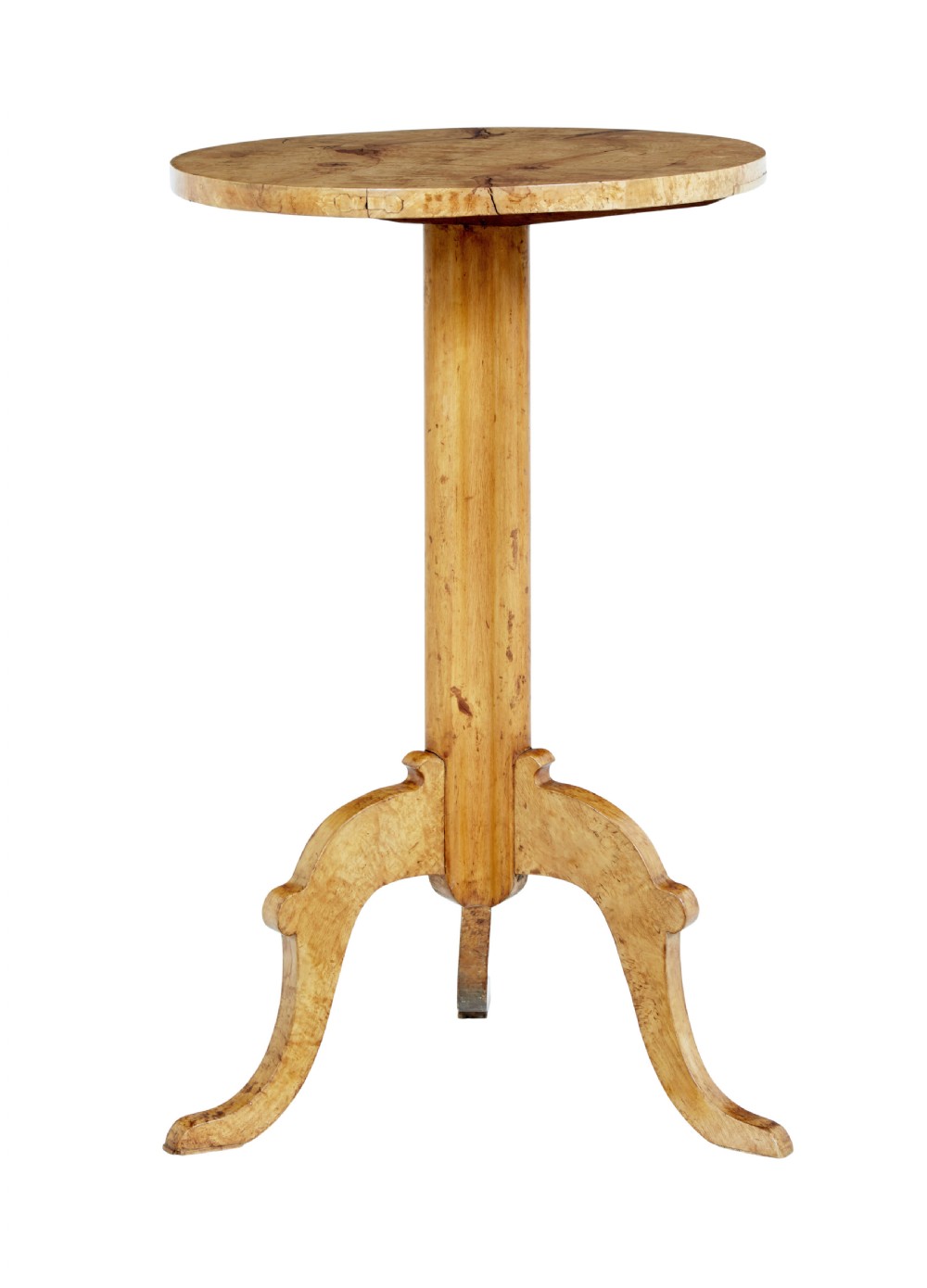 A mid-19th century occasional table featuring a circular top in figured birch root wood set upon a central column and three curved tripod legs. View V