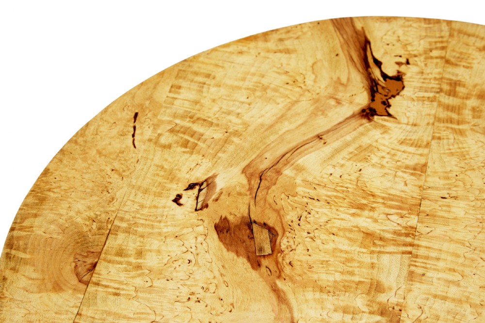A mid-19th century occasional table featuring a circular top in figured birch root wood set upon a central column and three curved tripod legs. View VI