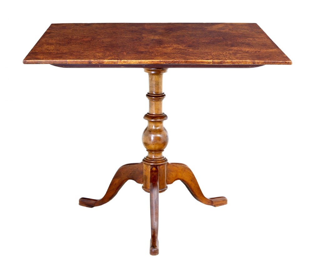 A 19th-century Swedish side table featuring a rectangular alder root wood top, a turned central pedestal column, and three curved legs.