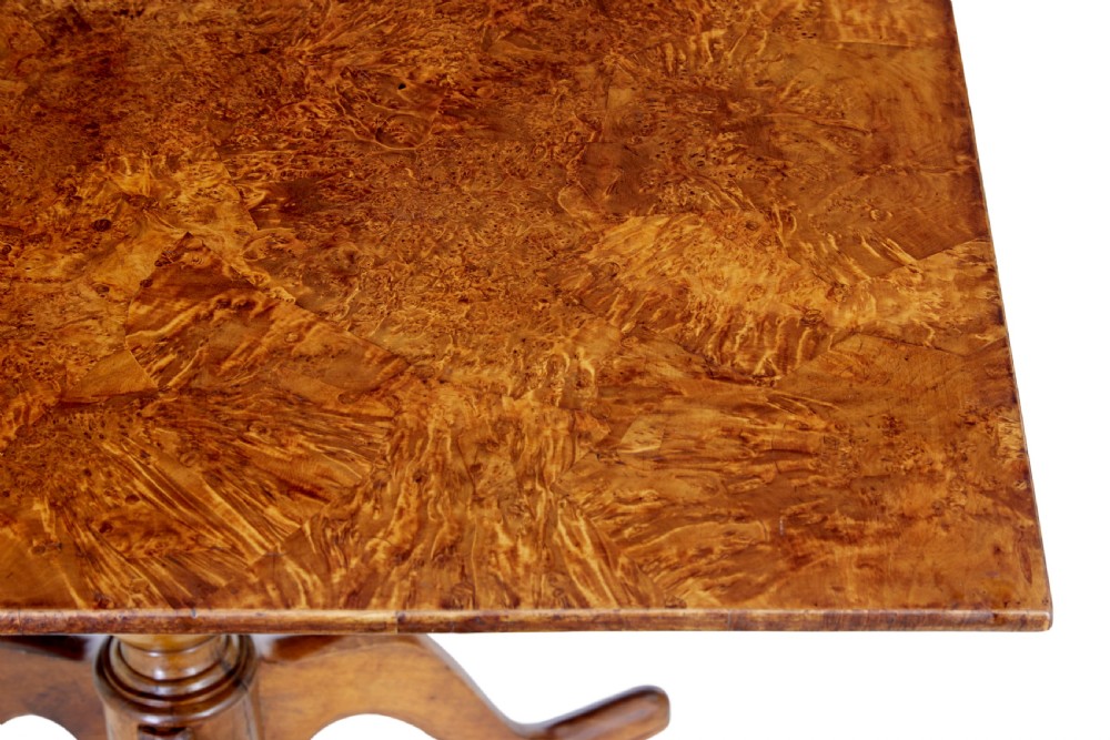 A 19th-century Swedish side table featuring a rectangular alder root wood top, a turned central pedestal column, and three curved legs. View IV