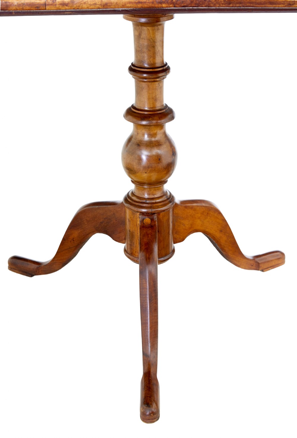 A 19th-century Swedish side table featuring a rectangular alder root wood top, a turned central pedestal column, and three curved legs. View V
