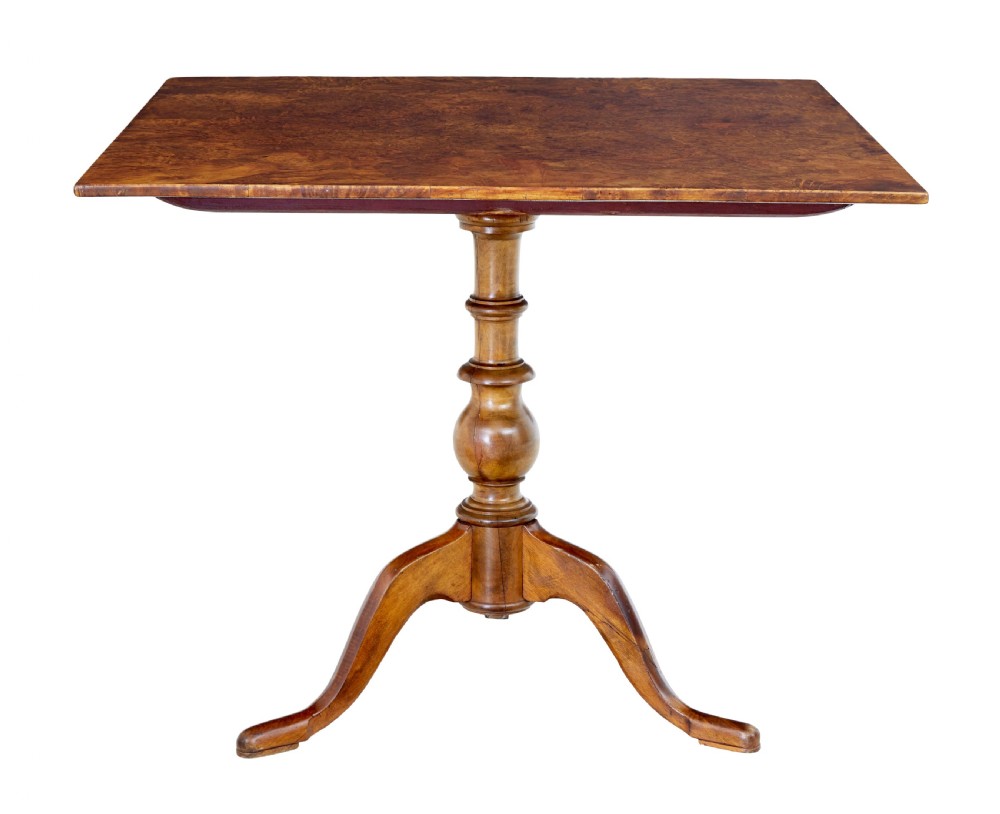 A 19th-century Swedish side table featuring a rectangular alder root wood top, a turned central pedestal column, and three curved legs. View VI