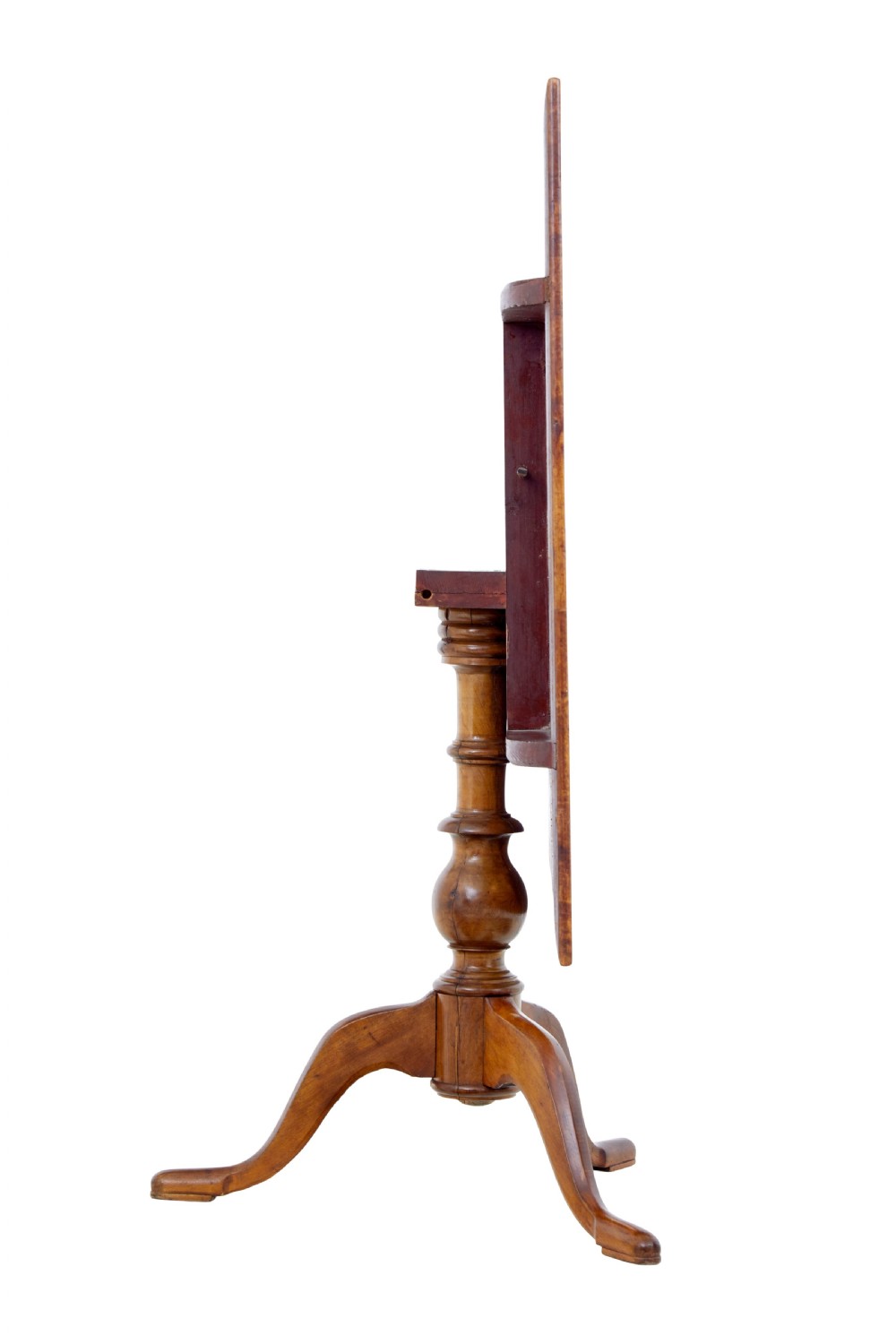 A 19th-century Swedish side table featuring a rectangular alder root wood top, a turned central pedestal column, and three curved legs. View VII