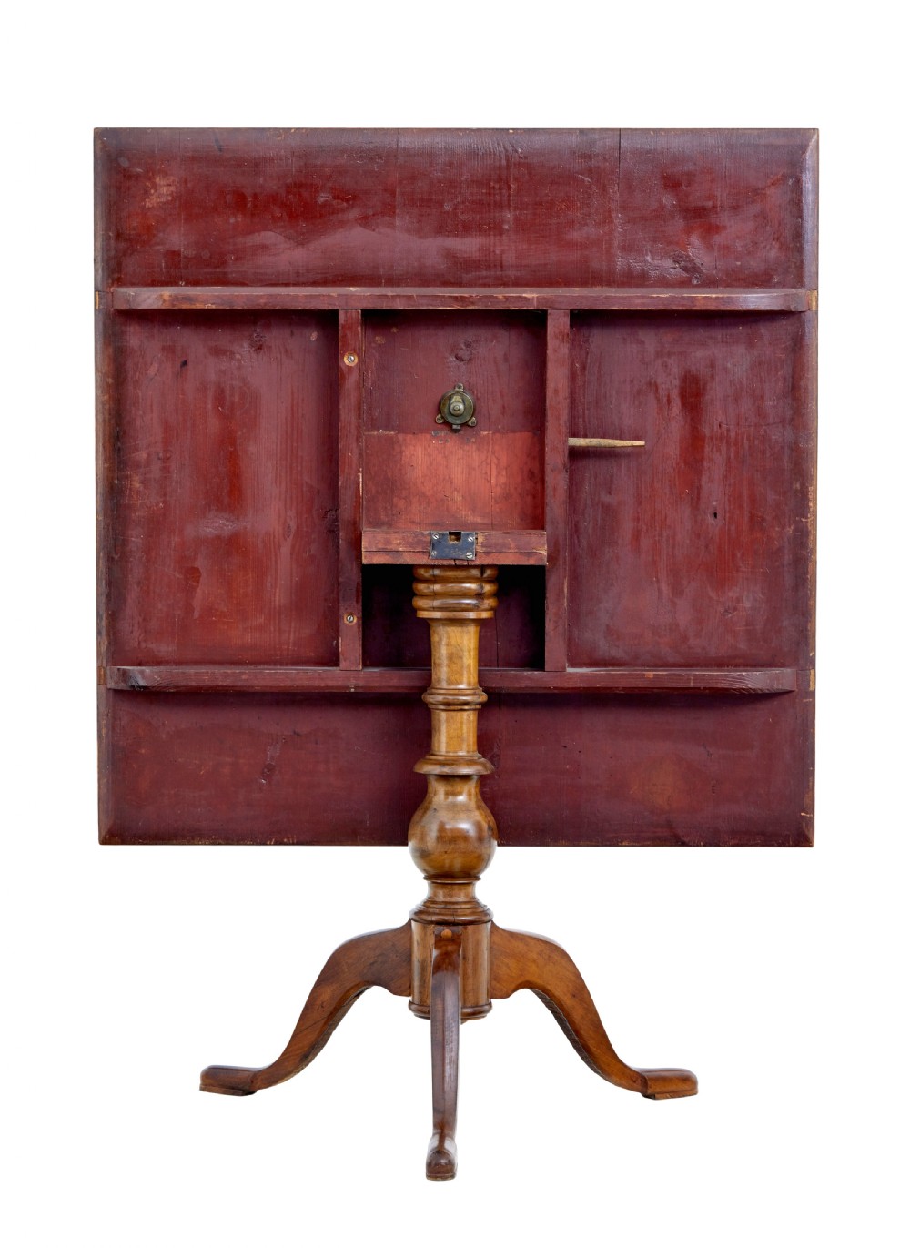 A 19th-century Swedish side table featuring a rectangular alder root wood top, a turned central pedestal column, and three curved legs. View VIII